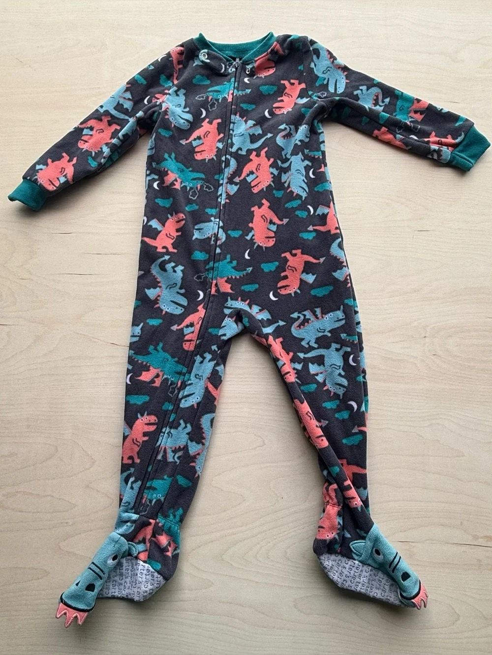 Carter's Dark Gray Fleece Footie Pajamas Orange and Blue Dragon Pattern size 3T